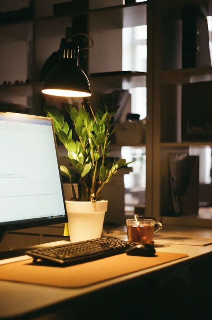 Scrivania con computer, lampada accesa e una pianta